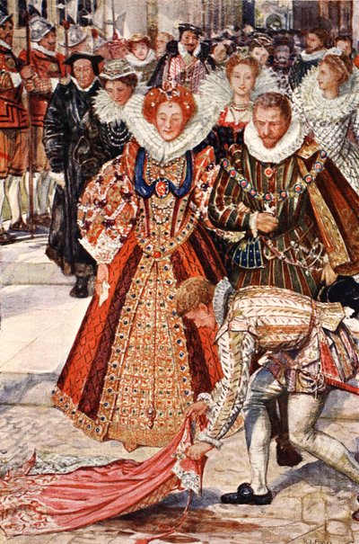 Walter Raleigh jetant son manteau pour la reine Elizabeth, illustration de 